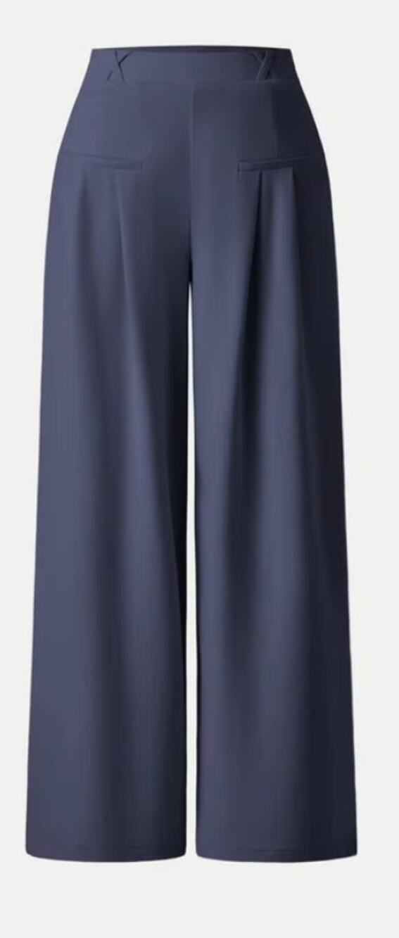 NWT OGL Drapey Bamboo Ponte Mid Rise Wide Leg Pants Pleated Pockets Blue Size M